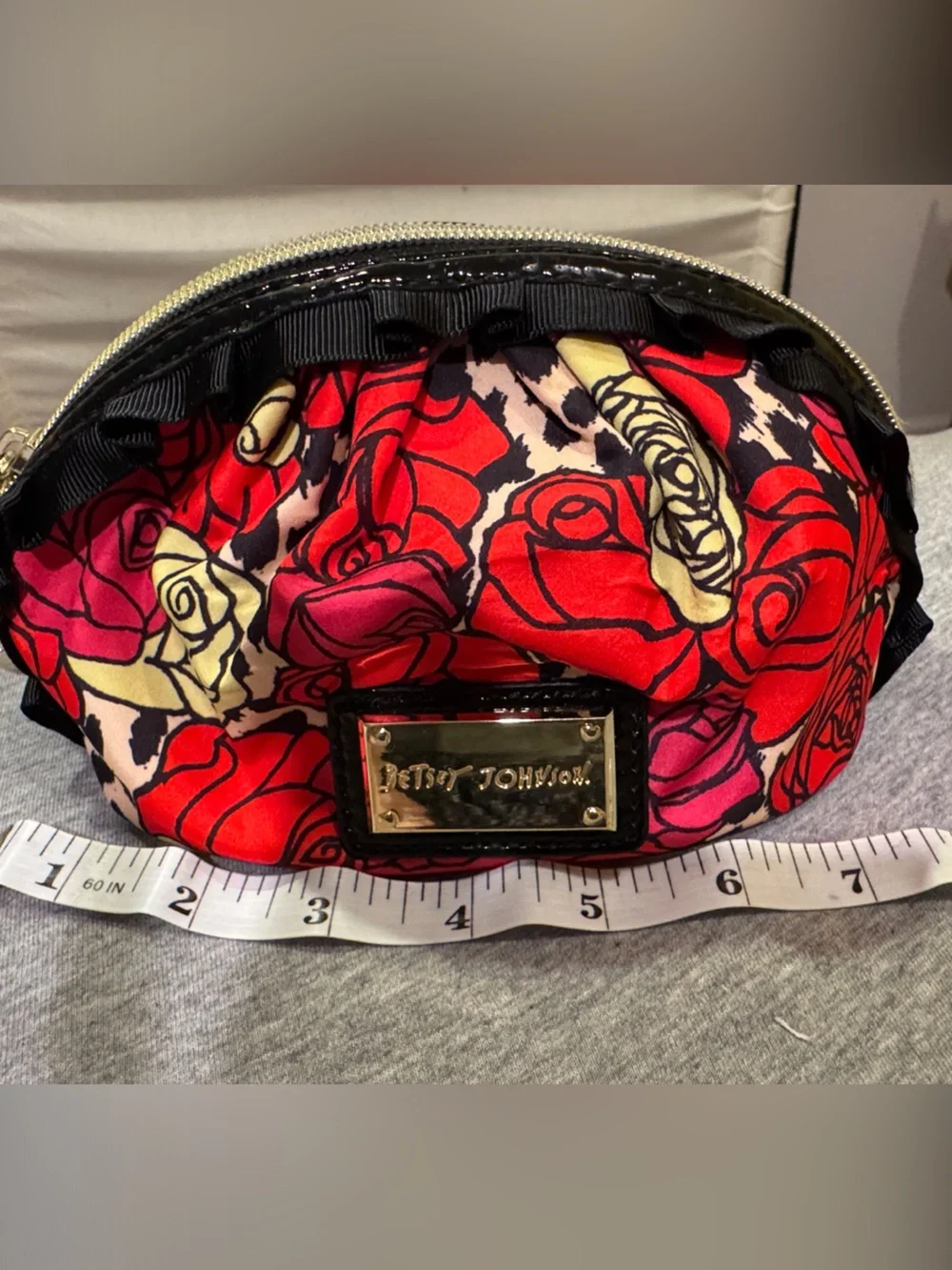 Betsey Johnson Red and Pink Rose Print Cosmetic Pouch with Cream Accents